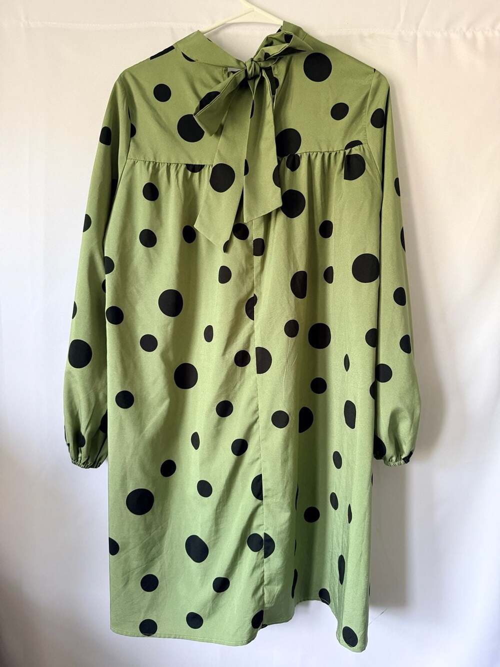 SHEIN Green Polka Dot Long Sleeve Bow Tie Neck Smock Dress Sz M Retro